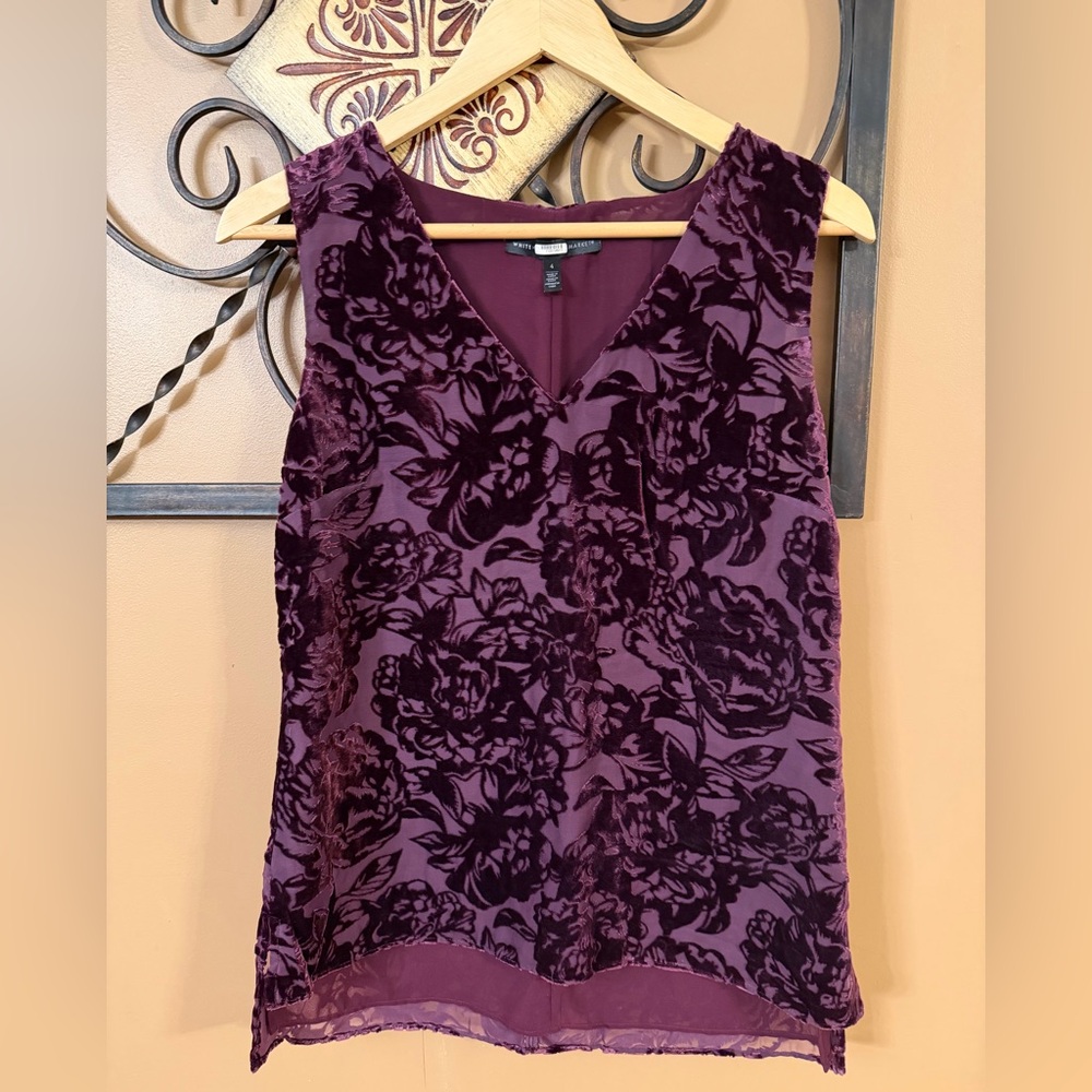 White House Black Market Purple Floral Velvet Blouse